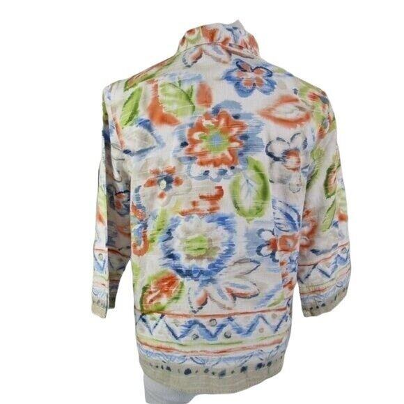 Alfred Dunner Button Front Blouse Aztec Floral Motif Size 8P Shoulder Pads - Picture 2 of 8